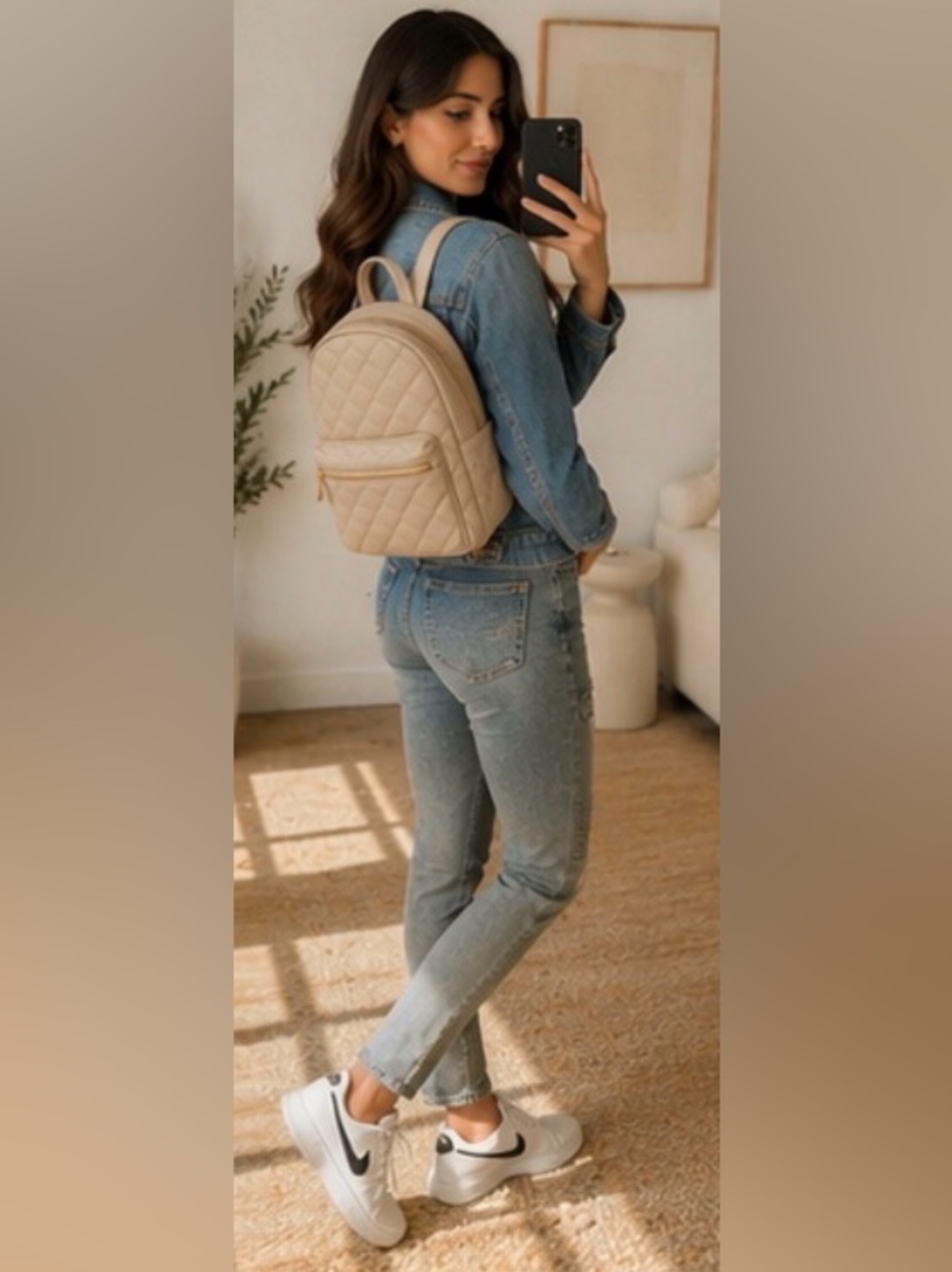 Quilted Leather Backpack Taupe Large Gold Zip Pocket Chic Travel Bag